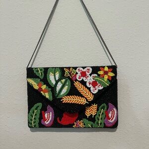 Aratta Black Multicolor Beaded Floral Envelope Clutch